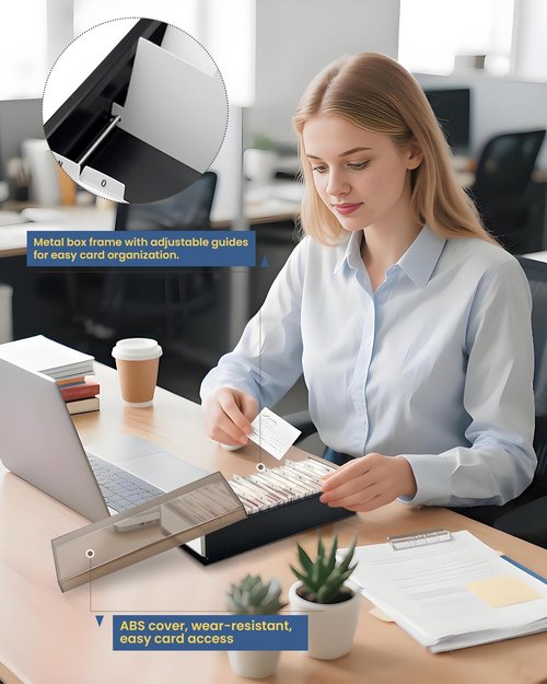 Business Card Holder for Desk, 800 Capacity Plastic Business Card Organizer Box, Desktop Credit Flash Gift Cards Holder File Box Storage, A-Z Tabs, Metal Structure, Black