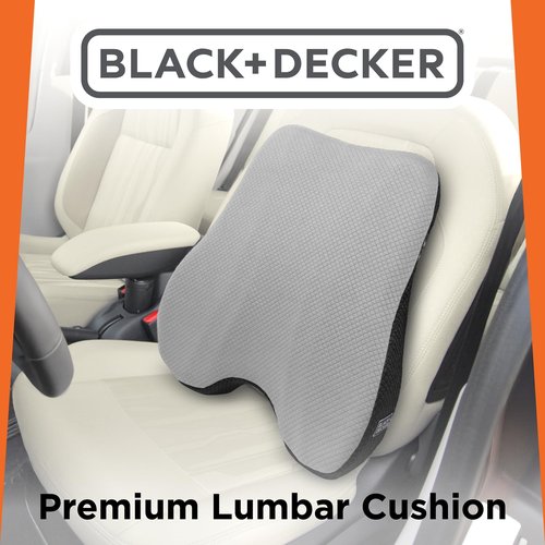 BLACK+DECKER Memory Foam Lumbar Support Pillow – Lumbar Cushion for Office, Car, Wheelchair & Airplane – Ergonomic, Pain Relief, Adjustable Strap, Washable Cover, Grey/Black