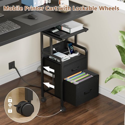 Korfile Printer Stand with Power Outlets & File Cabinet, Mobile Printer Table with 2 Drawers, 4 Tiers Multi-Functional Rolling Printer Cart with Wheels for Home Office, Living Room, Black