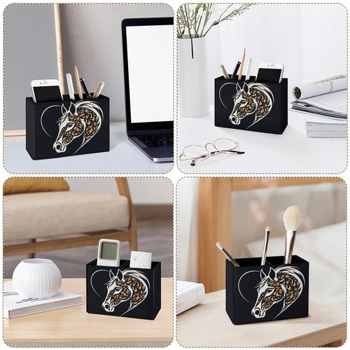 Buyidec Pen Holder Pencil Holder for Desk Horse's Head Heart Art PU Leather Pens Pencils Holder Cup Desktop Desk Pencil Pen Organizer Makeup Brush Holder for Office School Home