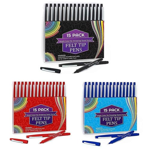 Lelix Felt Tip Pens, 15 Black & 15Blue & 15 Red Medium Point Felt Pens, Felt Pens For Journaling, Writing, Note Taking, Planner Coloring, Perfect for Art Office and School Supplies