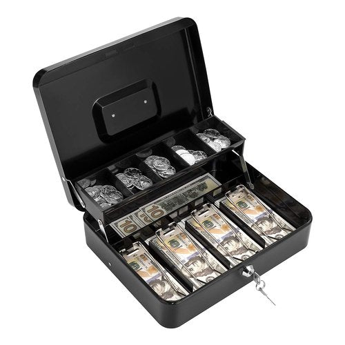 Cash Box with Lock Key and Money Tray - Large Money Box for Cash Register, Metal Lock Box for Money Safe 11.8" x 9.4" x 3.54" Black
