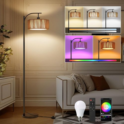 Boho Arc Floor Lamp - Dimmable RGB LED Rattan Design with Remote Control | Stylish Black Tall Lamp for Living Room & Bedroom