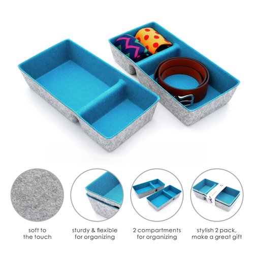 Welaxy Desk Drawer Organizer trays 2 Compartments Office Organizers Bins Felt storage bin for Junk pens notes socks scarf belts dividers Multi-Purpose Storage 2 pieces pack (Turquoise x 2)