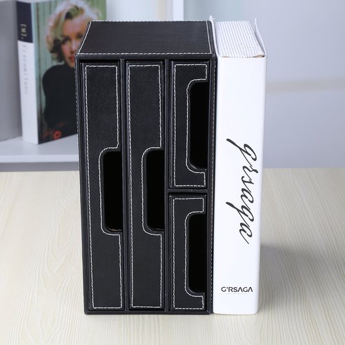 KINGFOM PU Leather Desk Organizer with 4 Drawers Small, Desktop Organizer Drawer for Office Supplies Accessories, Stationery Storage Box Bills Collection Holder Black