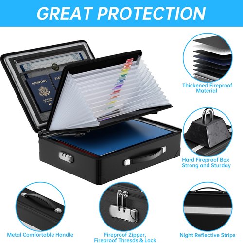 JHSafer Fireproof Document Box with lock, File Organizer with Fireproof Zipper, Hard Shell Fireproof & Waterproof Storage box, Portable Safe for Home, Important Documents, Laptop, Black