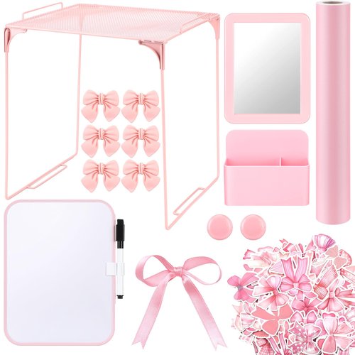 Watersay 115 Pcs Pink Locker Accessories Kit Foldable Locker Shelf Decorations for Girl Pink Bow Pen Holder Magnetic Mirror Coquette Stickers Background Whiteboard Ribbon Back to School Essentials