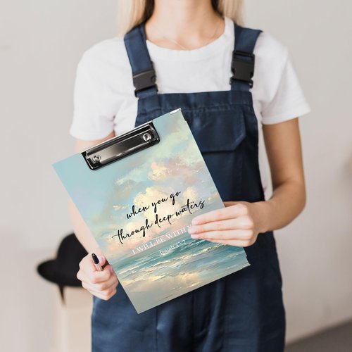 QLMX Christian Beach Clipboard Folio with Storage, Bible Clipboard Folder, Coastal Religious Clipboards for Women Teachers Nurses, Christian Isaiah 43:2 Gifts Office School Supplies, 12.4x9.2In
