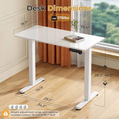JOY Worker Electric Standing Desk - Height Adjustable 40" x 20" Glass Workstation | White Finish