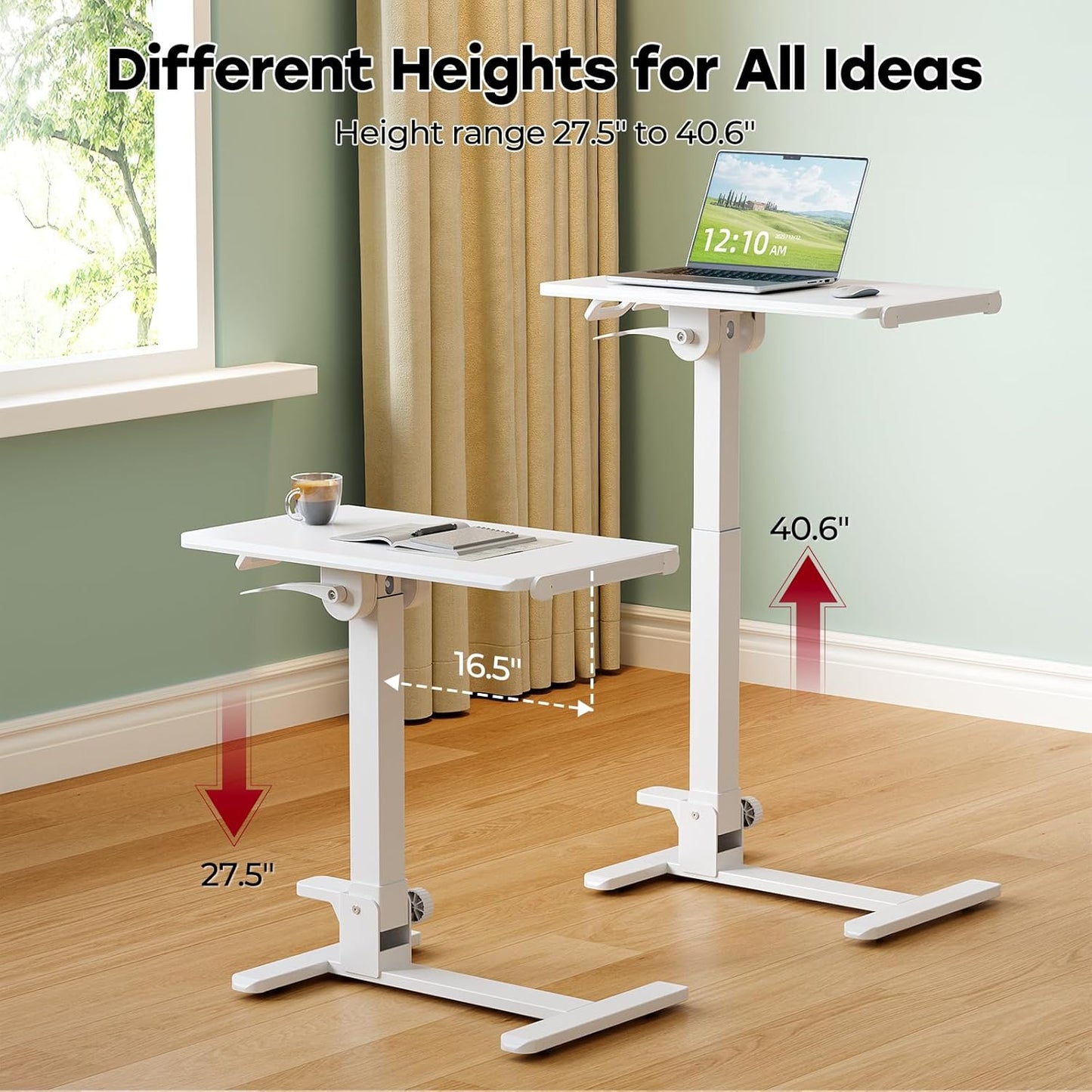 Skiennix Foldable Mobile Standing Desk - 27 Inch Adjustable Rolling Laptop Cart | Portable White Workstation