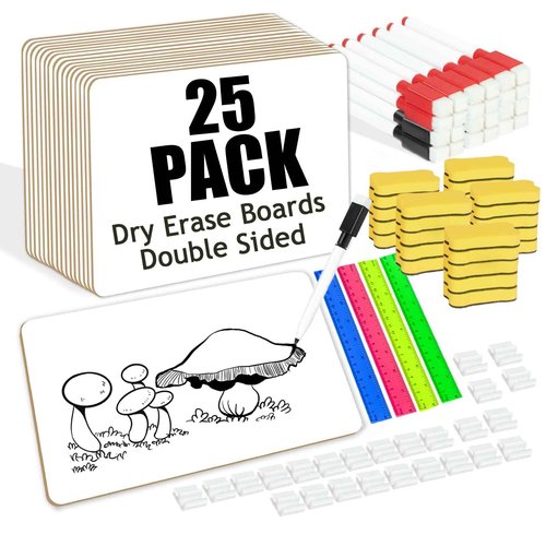 Succwoah 25 Pack Dry Erase Boards 9'' x 12'' Mini Double-Sided Whiteboards Safe Rounded Edges, Includes 25 Erasers, Markers, Rulers & 50 Clips, Perfect for Students, Teachers, School & Office Use