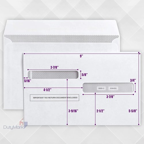 50 Pack W2 Envelopes - Double Window, Self-Seal Security Design for 4-Up W-2 Forms