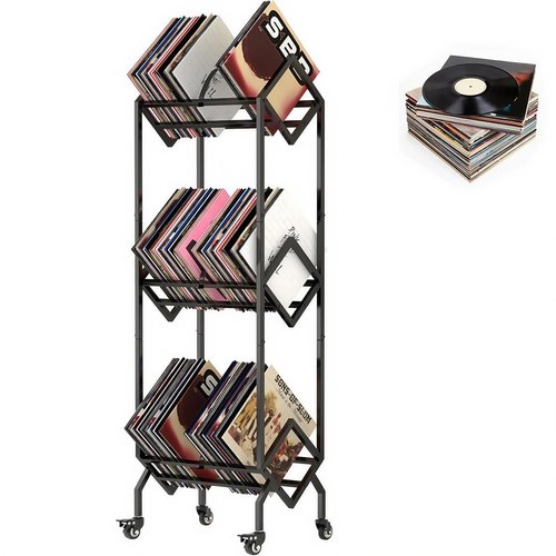 Noliven 3 Tier Vinyl Record Storage Rack with Casters, Metal LP Storage Stand, Book and Files Organizer, Magazine Display, Large Capacity Record Holder for Albums, Books, Magazines, and Office Files