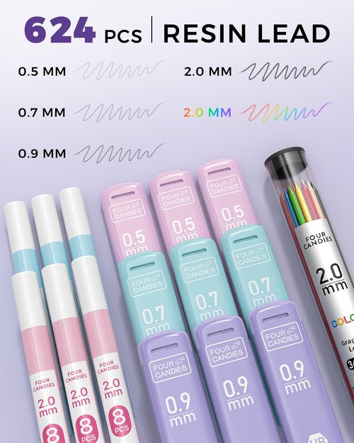 Four Candies 36PCS Aesthetic School Supplies, Mechanical Pencils 0.5mm, 0.7mm, 0.9mm & 2.0mm with 624PCS Lead Refills, Cute Mechanical Pencils for Writing, Drawing & Drafting (Pink)