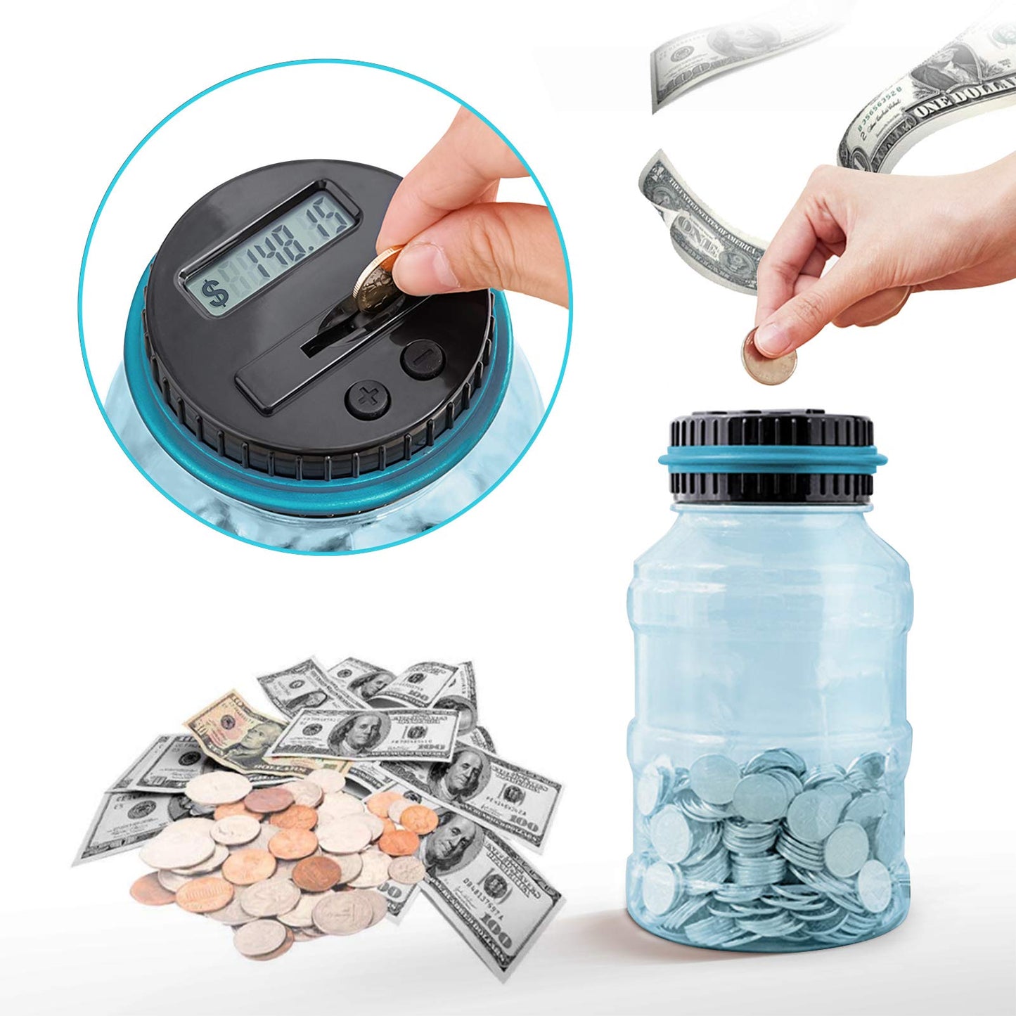 Large Piggy Bank for Boys Adults, Vcertcpl Digital Coin Counting Bank with LCD Counter, 1.8L Capacity Coin Bank Money Jar for Adults, Designed for All US Coins (Blue2)
