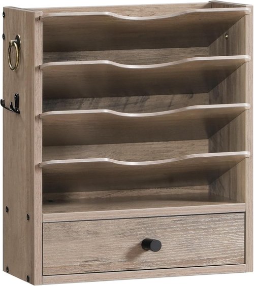 HOOBRO Wall File Organizer - Stylish Wooden Mail Sorter with Drawer Storage & Hooks | Greige Finish