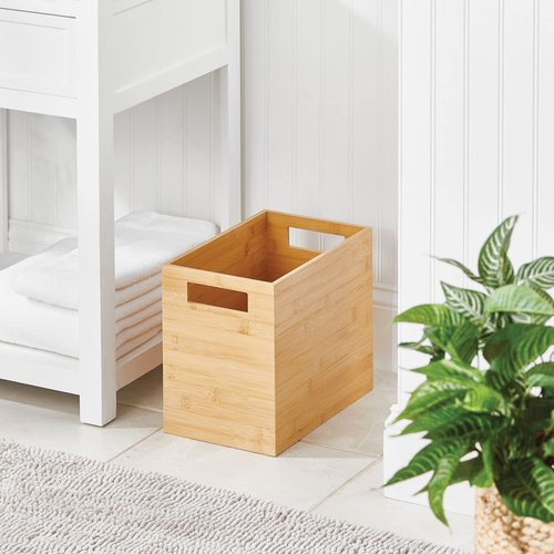 mDesign Rectangular Bamboo Trash Can Wastebasket, Garbage Container Bin - Built-in Handles - for Bathrooms, Powder Rooms, Kitchens, Home Offices - Natural