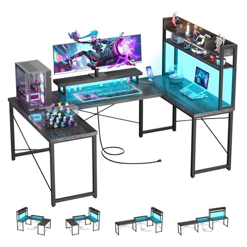 iSunirm L Shaped Gaming Desk, 74 Inch Reversible U Shaped Computer Desk with Storage Shelves, Monitor Stand for Home Office,Living Room,Black Oak