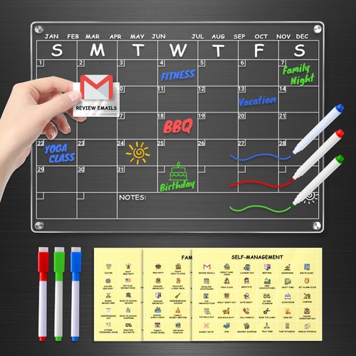 Acrylic Magnetic Calendar for Refrigerator - Reusable Dry Erase Board with Stickers & Marker, Family Organizer, Kids Activity, Acrylic, Shatterproof, Strong Magnets
