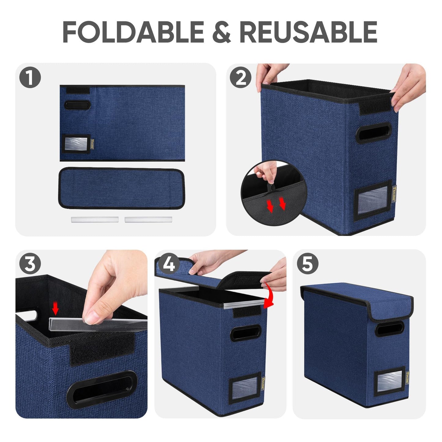 BALEINE File Organizer Box with Lid, Collapsible File Folder Organizer with Plastic Slide, Hanging File Folder Box for Office Document Storage (2 Pack, Blue, S)