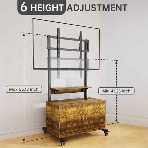 EZISE Mobile TV Stand with Foldable Table, Wood TV Stand on Silent Wheels for TVs up to 75 Inch, Entertainment Center with Storage Cabinet for Living Room, Bedroom, Kitchen, Office