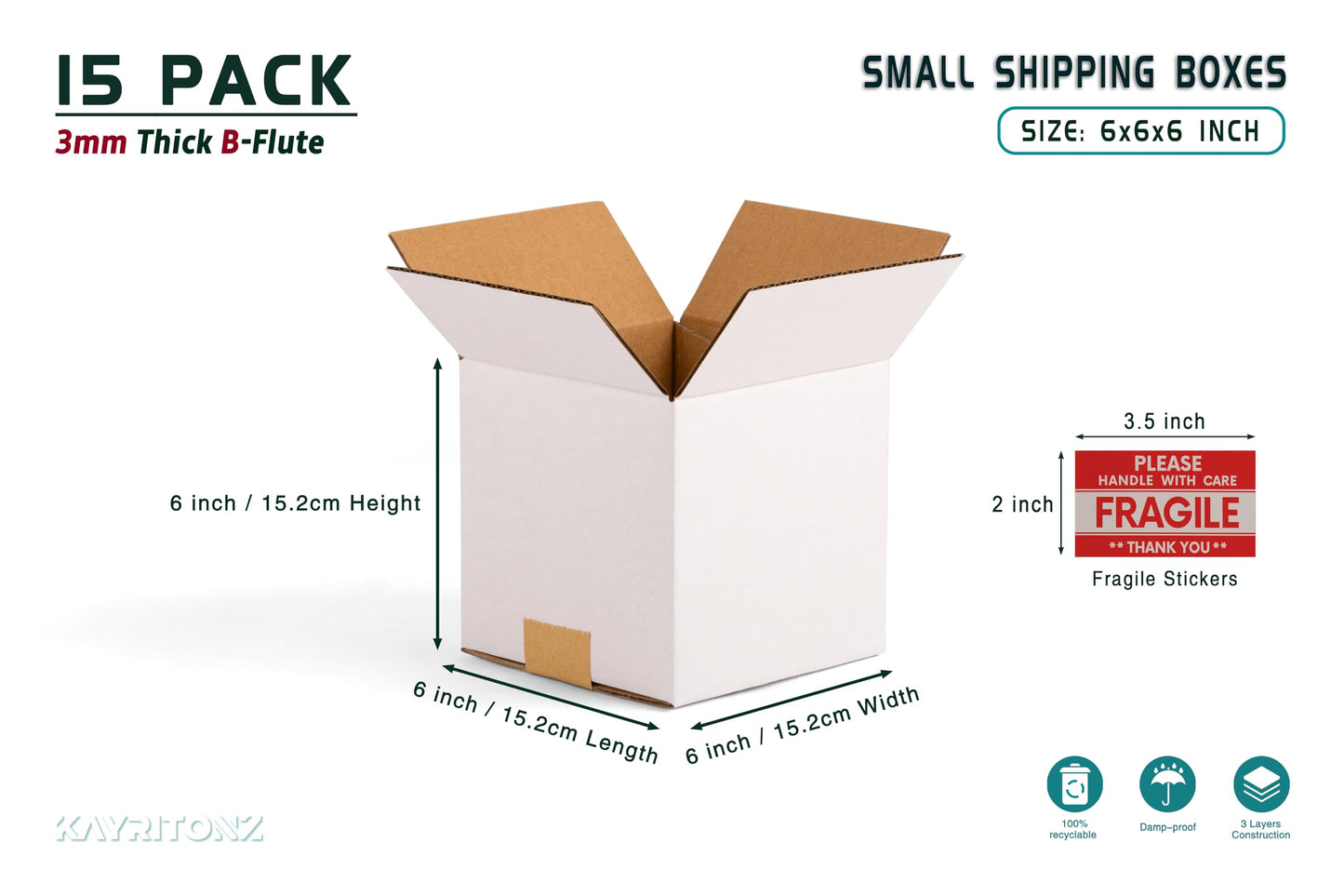 Kayritonz 6x6x6 inch Small Shipping Boxes, White, 15 Pack