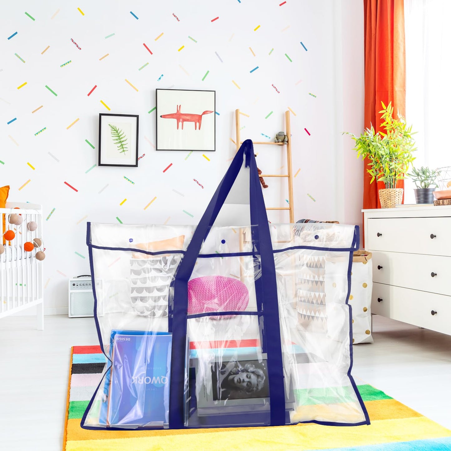 QWORK Large Poster Storage Bag - 4 Pack 31.5” x 25.5” PVC See-Through Bag with Long Handle, Extra Pocket, for Bulletin Boards, Artworks, and Charts, 3 Button Closure