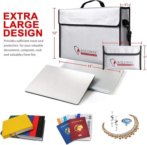 ROLOWAY Fireproof Document & Money Bags - Large Water-Resistant Safe Bag (15 x 12 x 5 in) for Cash, Valuables & Passport