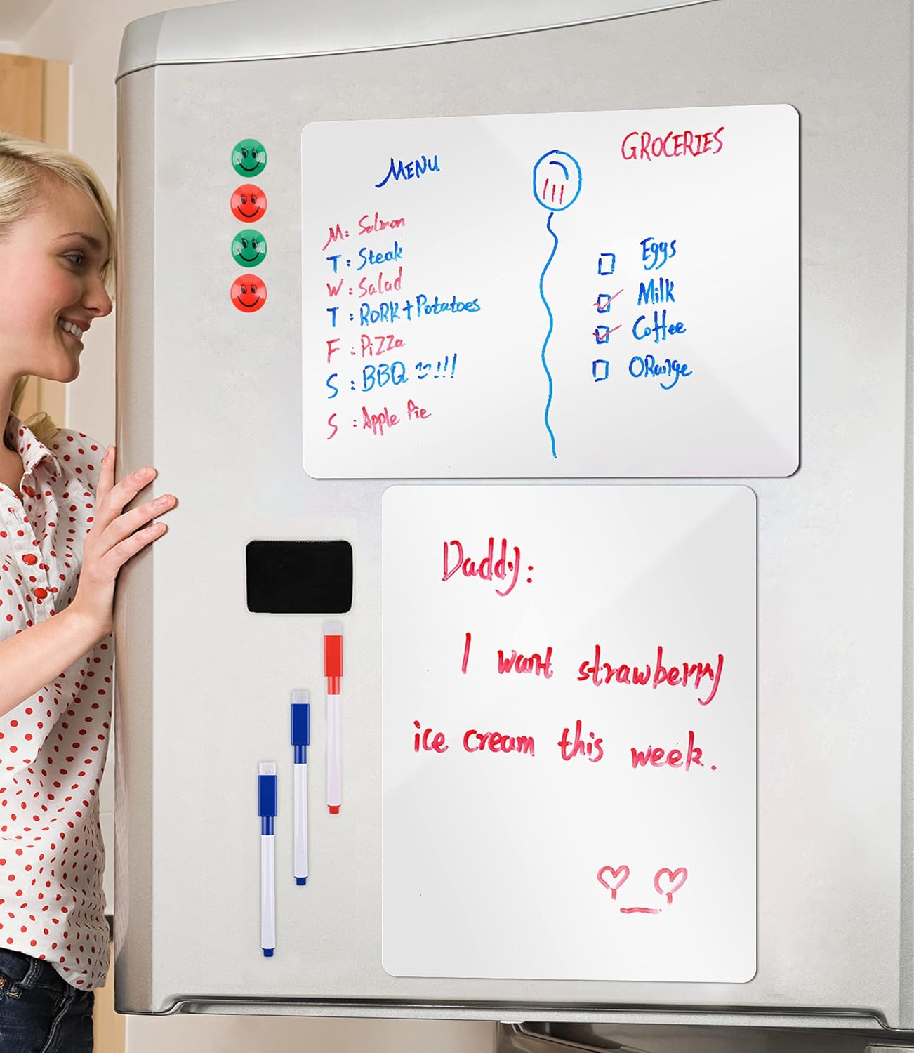 Skiennix Magnetic Whiteboard - 2 Pack 16x12 Inch Dry Erase Boards with Markers & Eraser | Kitchen Planner & Grocery List Organizer