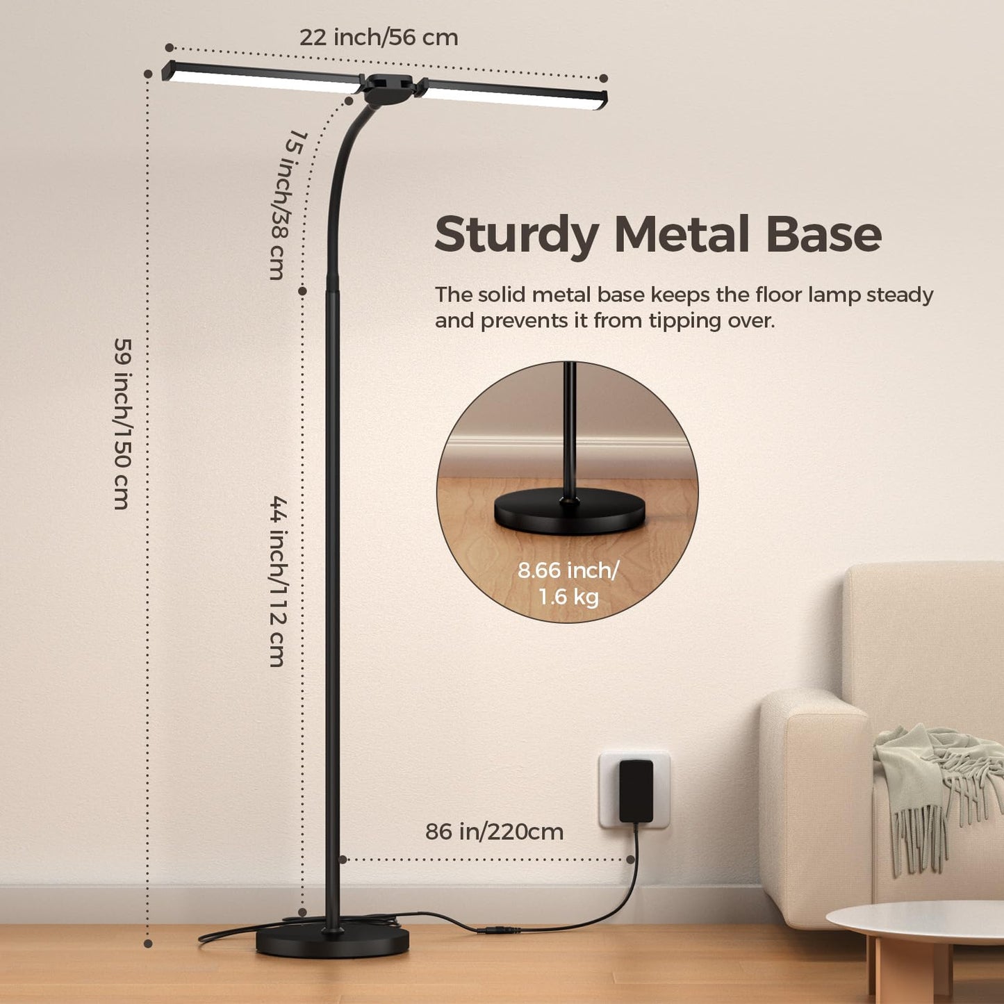 LED Floor Lamp for Living Room, Bright Reading Lamps for Office, Adjustable Colors Temperatures&Brightness, Dual Head Goose-neck Standing Lamp, Remote and Button Control, Eye-Caring Tall Lamp