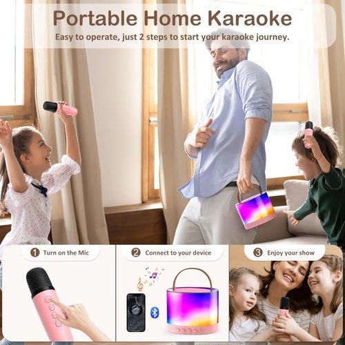 Mini Karaoke Machine for Adults Kids, Portable Bluetooth Karaoke Speaker with 3.5" Full-Range Speaker and Colorful LED Lights, Support USB/TF Card/AUX (Pink-2Mic)