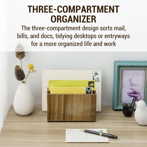 MyGift 3 Slot Premium Acacia Solid Wood Mail Holder, Entryway Countertop Letter Organizer, Office Desktop File Sorter, Bill Divider, Envelope Storage Bin