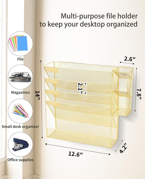 Spacrea Wall Hanging File Organizer, Gold Desk Organizers and Accessories, 5-Tier Mesh Wall Mail Organizer, Paper Document Magazine Rack with 3 Pen Holder for Office Home School