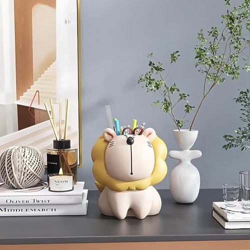 ZKSYLSM Lion Pencil Holder for Desk, Cute Pen Cup Organizer - Resin Animal Pen Holder, Desk Decor for Office Home Classroom, 3.1x4.3x4 Inch, Beige Yellow