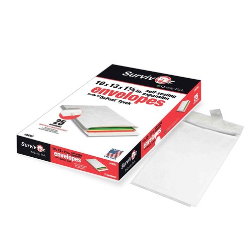 Quality Park Survivor Lightweight 14 lb Tyvek Open End 1.5" Expansion Mailers, 13 1/2, Square Flap, Redi-Strip Closure, 10 x 13, White, 25/Box
