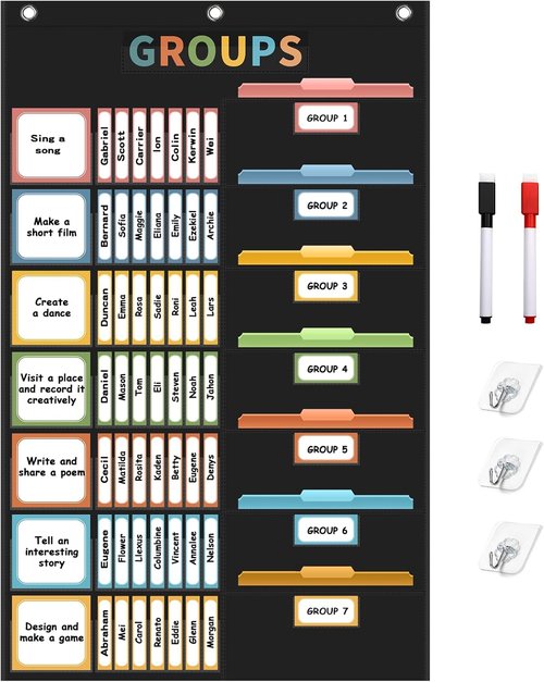 REGELETO Boho Classroom Pocket Chart - Large 46 x 26.3 Inch Organizer with 114 Cards for Teachers