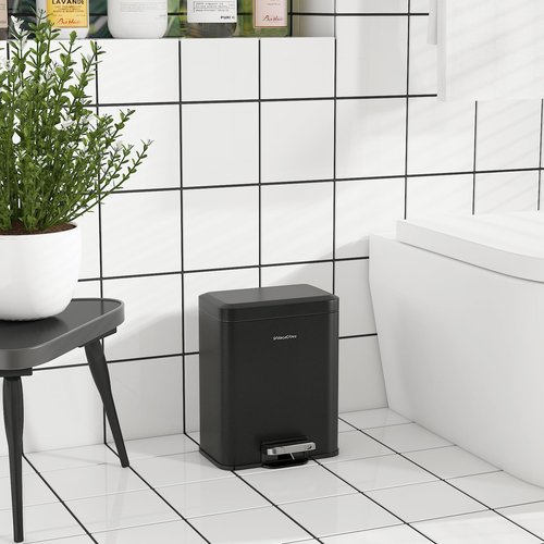 Small Bathroom Trash Can with Lid Soft Close, Stainless Steel Small Garbage Can with Removable Inner Bucket, Step Pedal, Trash Bins for Kitchen, Office, Bedroom, Dorm, Black (6L/1.6Gal)