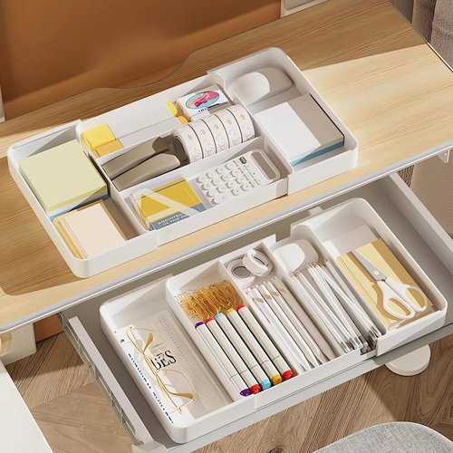 Yagizaai Shallow Drawer Organizer, Expandable Office Drawer Organizers Dividers, Pen Organizer for Desk, Tray Box Accessories for Desktop, Bathroom, Kitchen, Makeup, Vanity, Medicine