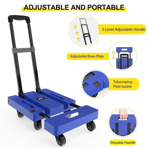 SOLEJAZZ Folding Hand Truck Portable Dolly Cart with Wheels Foldable 500LB Heavy Duty Luggage Cart Collapsible Hand Cart Moving Dolly for Airport Travel Furniture Luggage Office Moving, Blue