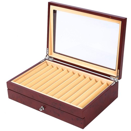 MYOYAY 2 Tier Wood Pen Display Box 23 Slot Pen Storage Organizer Box Luxury Fountain Pen Collector Case with Lid for Shop or Home, Red