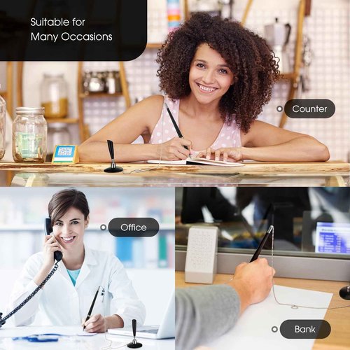 Zonon 24 Pieces Secure Pen with Chain Security Pen Holder Counter with Adhesive Chain and Base Black Ink for Reception Office Bank Work Hotel Lobbies Retail Stores Home Back to School Supplies