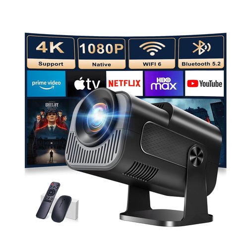【Built-in Apps】Projector 1080P Full HD, 4K Projector with 180° Rotation,Portable Projector WiFi 6 & Bluetooth 5.2 Support,Featuring Auto Keystone Correction,HDMI/USB Connectivity Projector Black