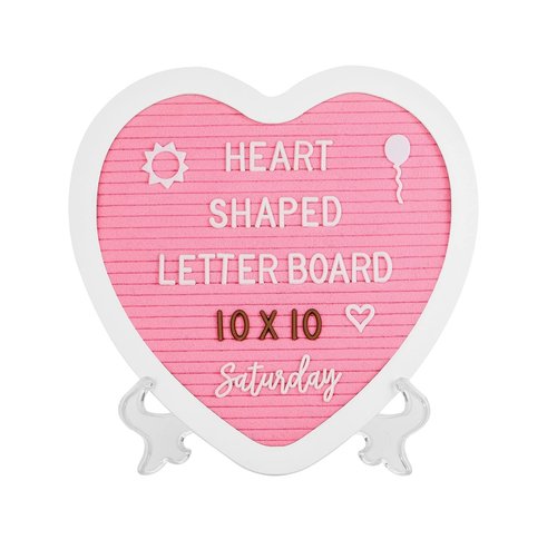 G GAMIT Heart-Shaped Felt Letter Board Message Sign,10x10 inches Message Board with 465 Changeable White&Golden Letters,Numbers,Cursive Words and Stand for Party,Pregnancy,Wall&Tabletop Decor (Pink)