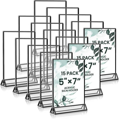 Skiennix 15-Pack Acrylic Sign Holders - 5x7 Vertical Black Frame for Weddings & Events | Clear Table Menu Displays