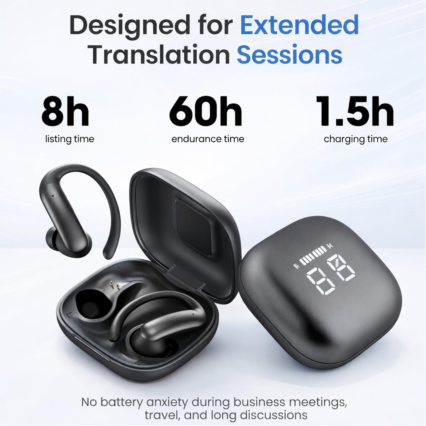 linktoonex AI Translator Earbuds Real Time 139 Languages, Bluetooth Translation Earbuds with LED Display, No Subscription, Open Ear Design for Learning Travel & Business Meetings with Charging Case