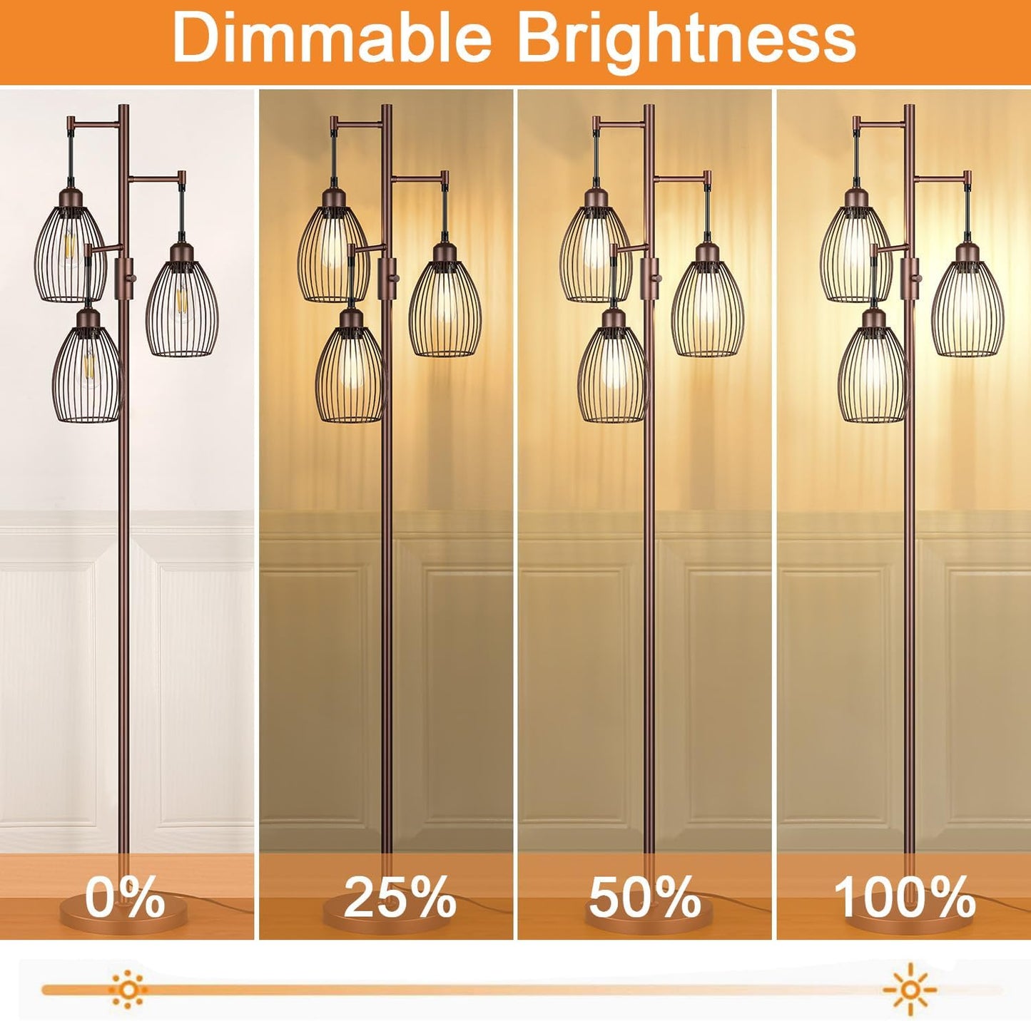 Torondo Dimmable Floor Lamp - Matte Brown Industrial Design with 3 Teardrop Cages & 800 Lumens LED Bulbs