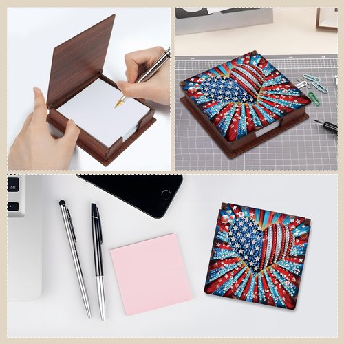 BAYUNOE Memo Paper Storage Box Diamond Art Painting Wooden 4.3x4.3 in Sticky Note Holder for Desk Organizer Notepad Holder with 160 Sticky Notes Office Supplies Accessories-Heart of USA