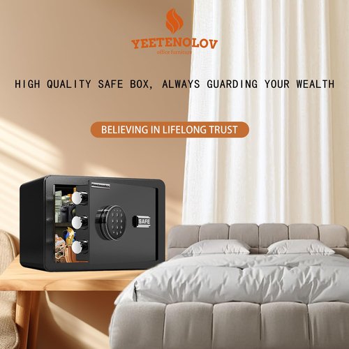 Yeetenolov Small Safe Box, Lock Box for Money, Jewelry, Documents and Guns, 0.5 Cubic Feet Digital Security safes for Home, Hotel, or Business, black, 11.8" L x 7.9" W x 7.9" H