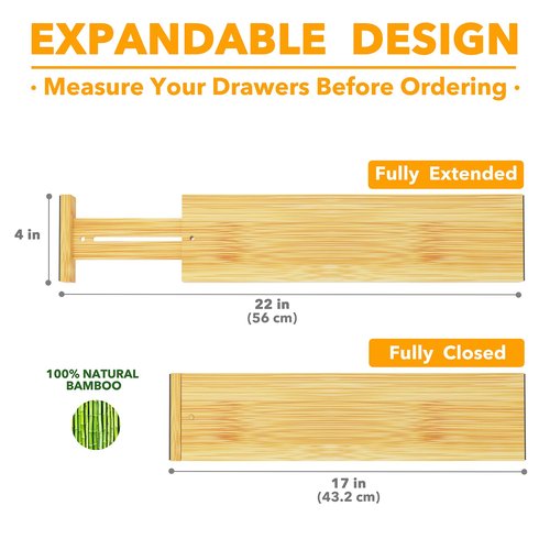 SpaceAid 4“ High Bamboo Deep Drawer Dividers with Labels, Kitchen Adjustable Drawer Organizers, Expandable Organization for Home, Office, Dressers and Bathroom, 2 Dividers (17-22 in)