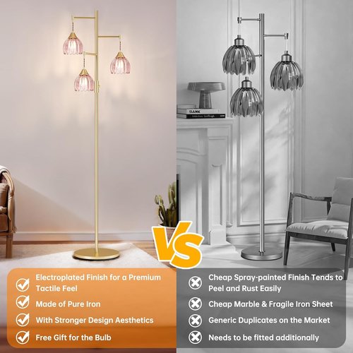 Shenmoyl Vintage Brass Floor Lamp - Stepless Dimming with 3x 6W Bulbs | Elegant Gold Design for Living Room & Nursery (Pink Tulip)
